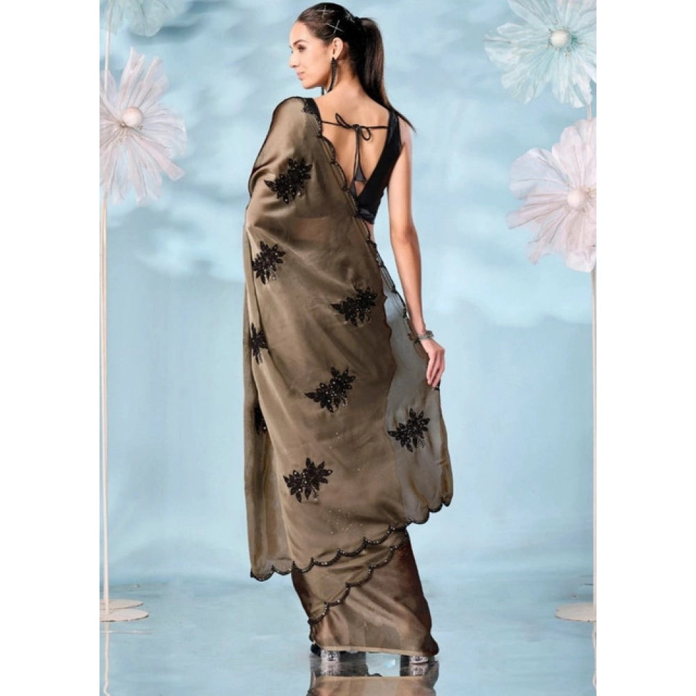 Snuggle Spot Women's Viscose Silk Embroidered Saree With Unstitched Blouse 5.5Mtr (Beige)