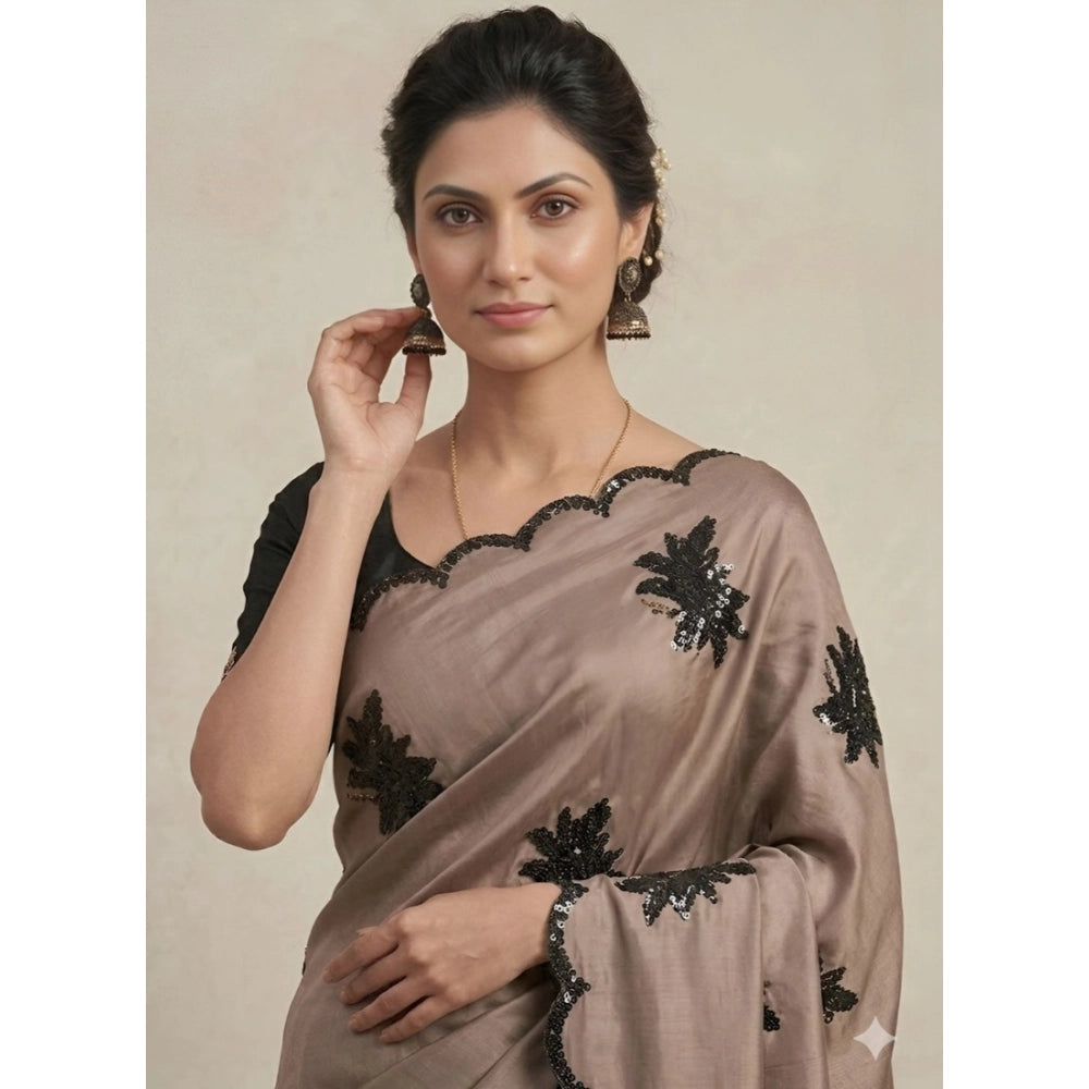 Snuggle Spot Women's Viscose Silk Embroidered Saree With Unstitched Blouse 5.5Mtr (Beige)