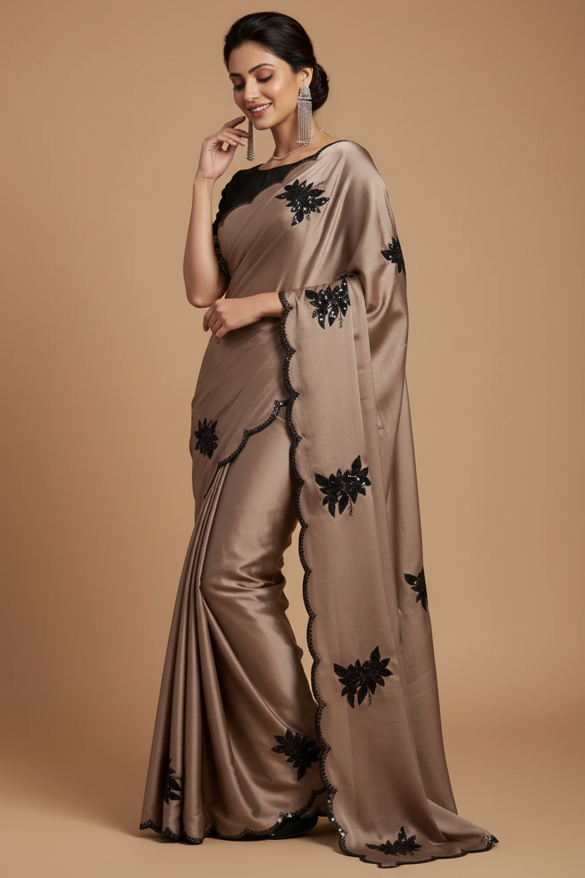 Snuggle Spot Women's Viscose Silk Embroidered Saree With Unstitched Blouse 5.5Mtr (Beige)