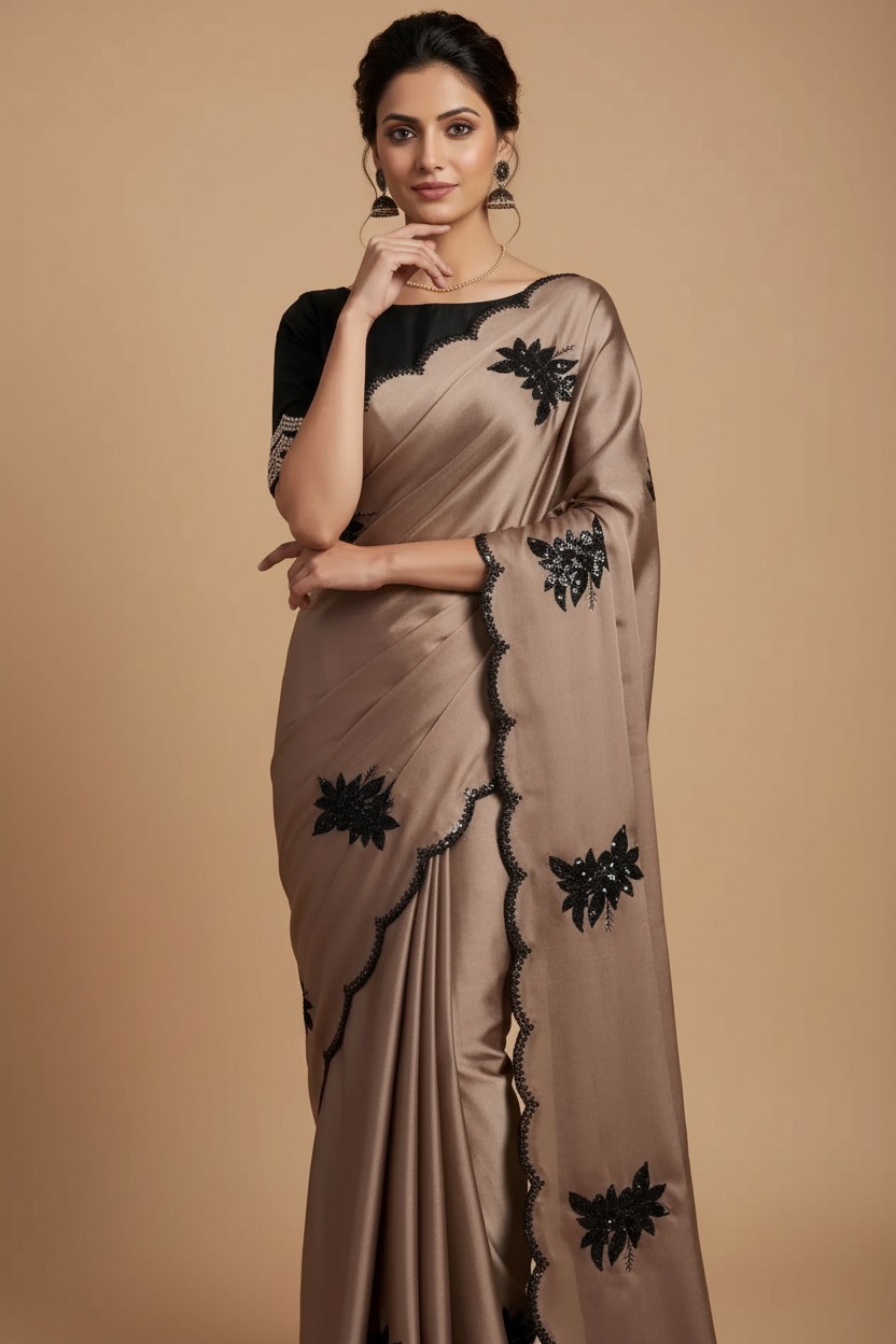 Snuggle Spot Women's Viscose Silk Embroidered Saree With Unstitched Blouse 5.5Mtr (Beige)