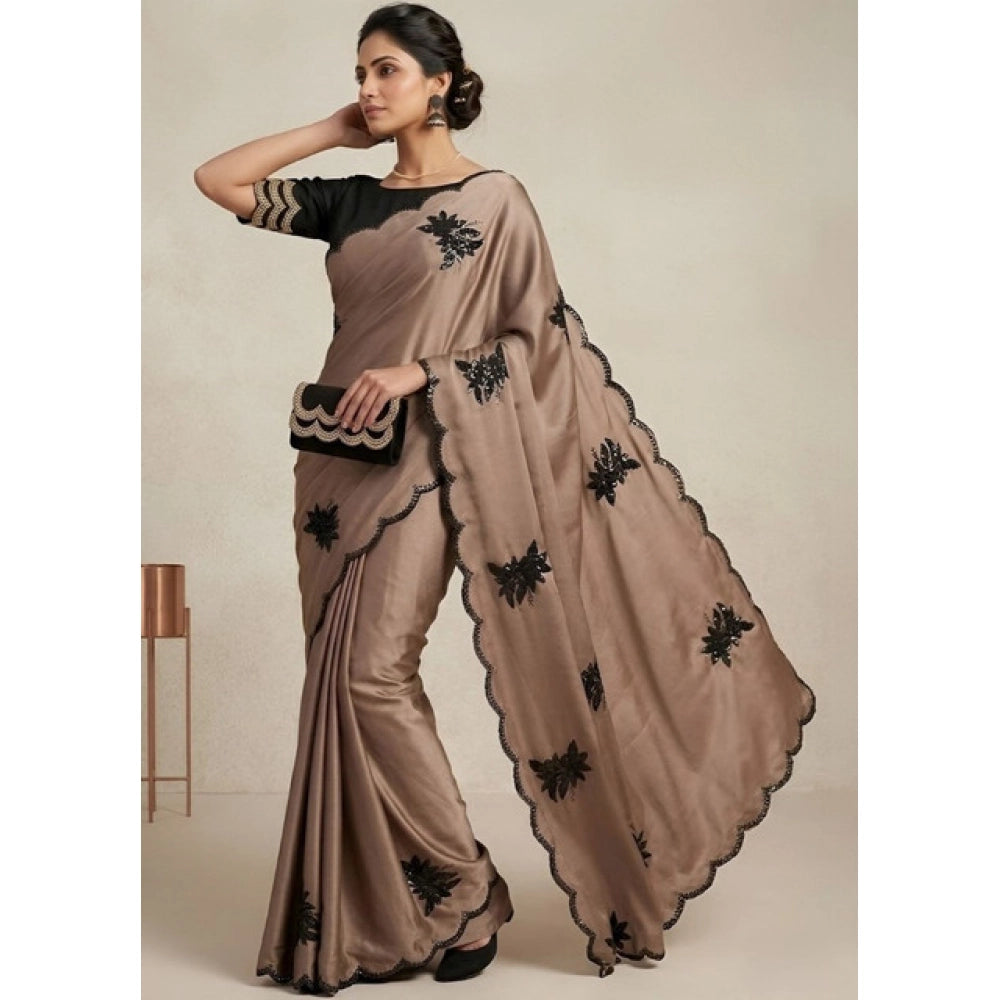 Snuggle Spot Women's Viscose Silk Embroidered Saree With Unstitched Blouse 5.5Mtr (Beige)