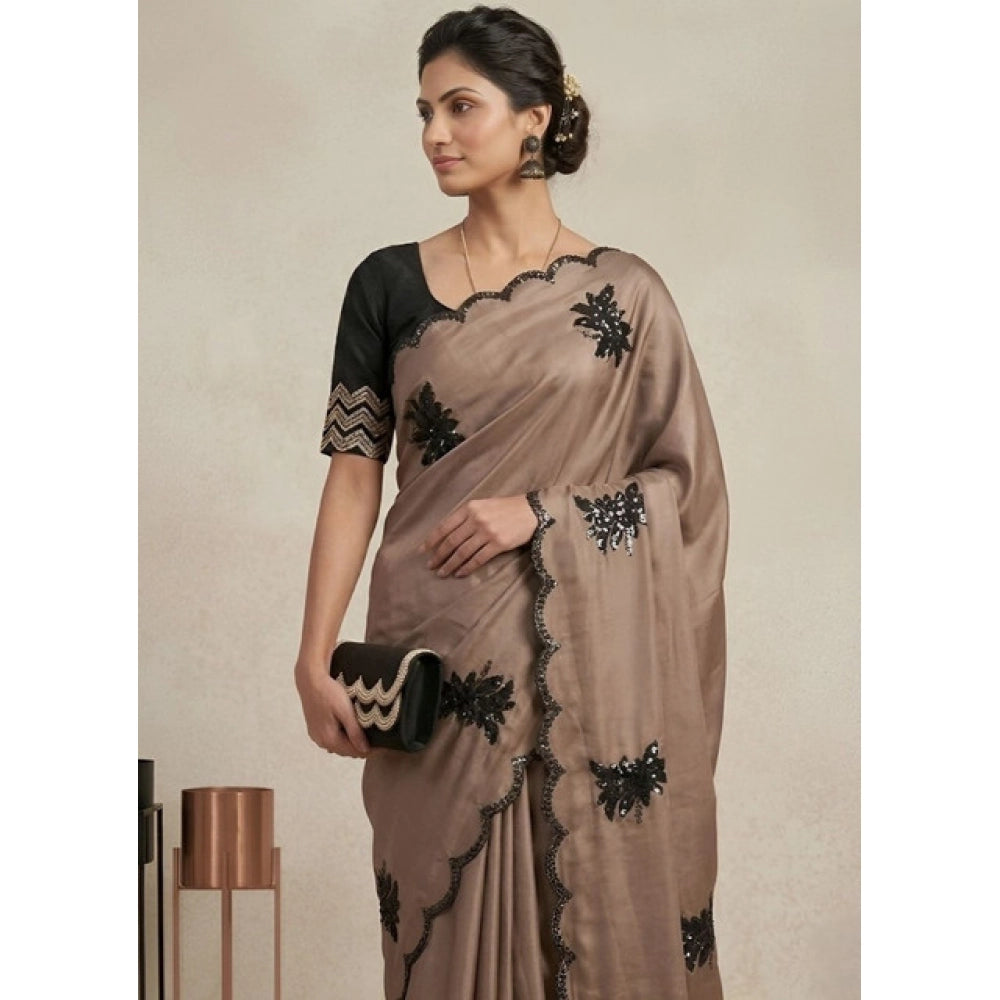Snuggle Spot Women's Viscose Silk Embroidered Saree With Unstitched Blouse 5.5Mtr (Beige)