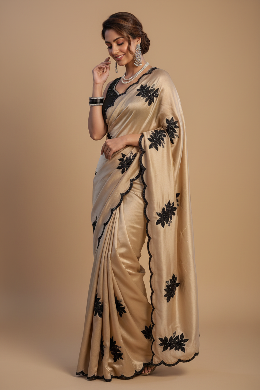 Snuggle Spot Women's Viscose Silk Embroidered Saree With Unstitched Blouse 5.5Mtr (Beige)