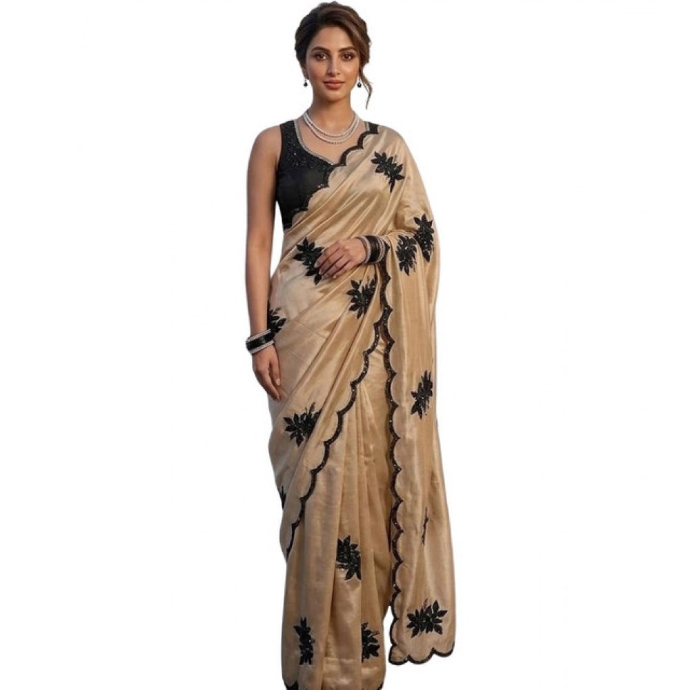 Snuggle Spot Women's Viscose Silk Embroidered Saree With Unstitched Blouse 5.5Mtr (Beige)
