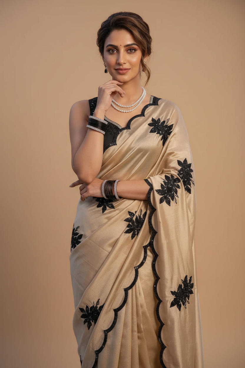 Snuggle Spot Women's Viscose Silk Embroidered Saree With Unstitched Blouse 5.5Mtr (Beige)