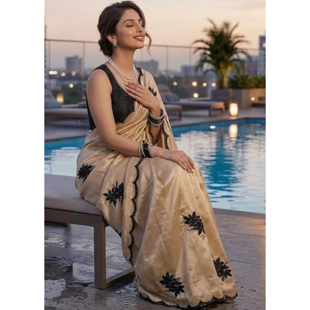 Snuggle Spot Women's Viscose Silk Embroidered Saree With Unstitched Blouse 5.5Mtr (Beige)