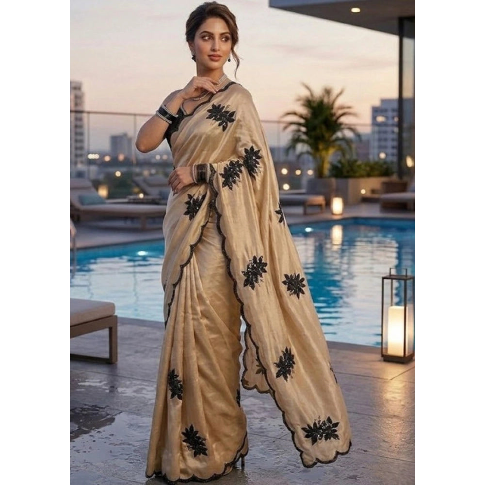 Snuggle Spot Women's Viscose Silk Embroidered Saree With Unstitched Blouse 5.5Mtr (Beige)