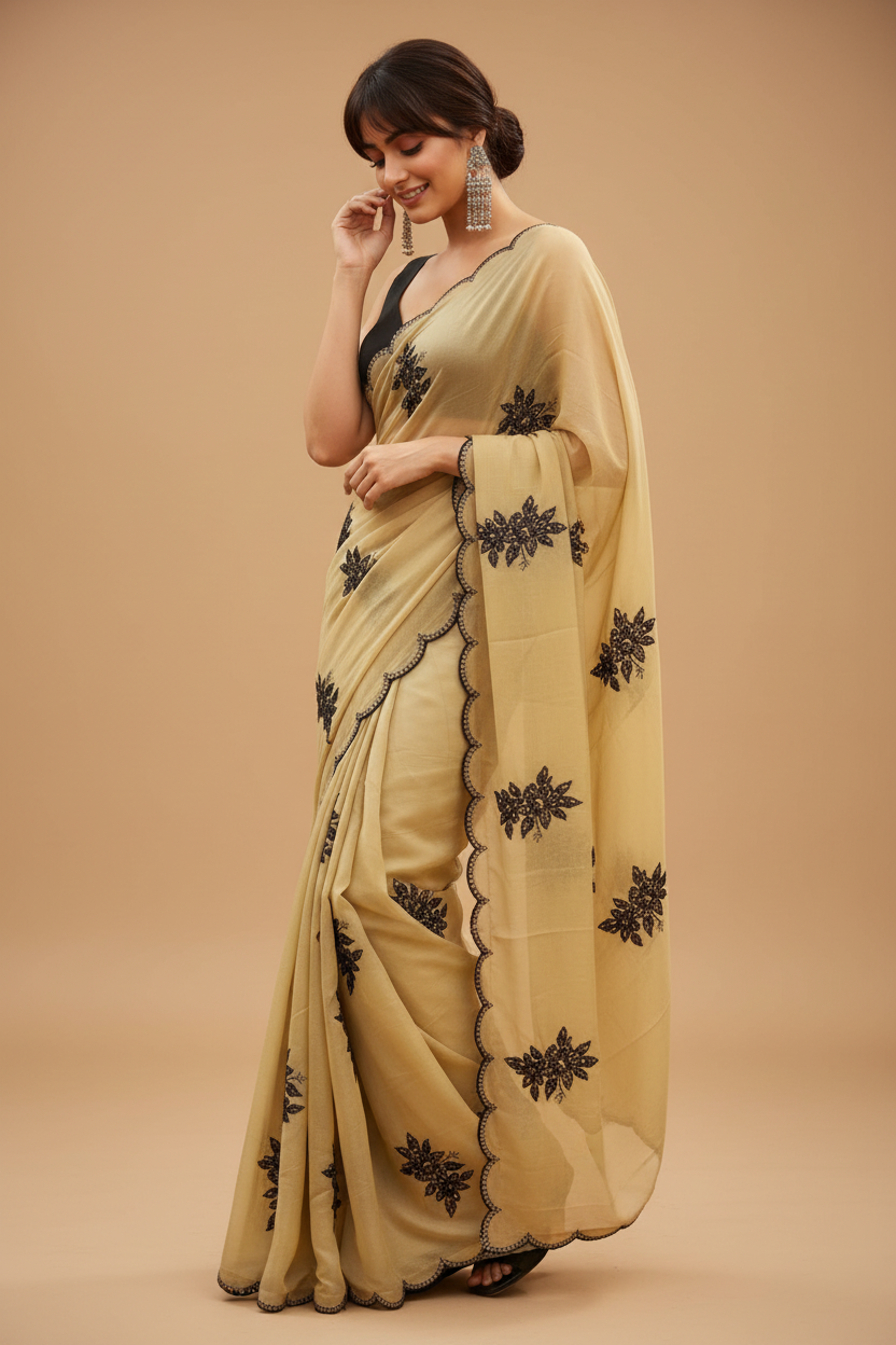 Snuggle Spot Women's Viscose Silk Embroidered Saree With Unstitched Blouse 5.5Mtr (Beige)