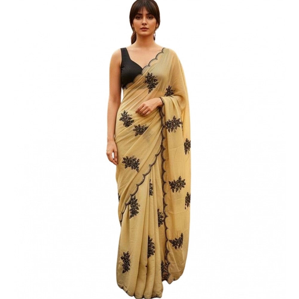Snuggle Spot Women's Viscose Silk Embroidered Saree With Unstitched Blouse 5.5Mtr (Beige)