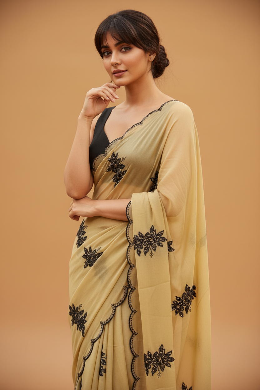Snuggle Spot Women's Viscose Silk Embroidered Saree With Unstitched Blouse 5.5Mtr (Beige)