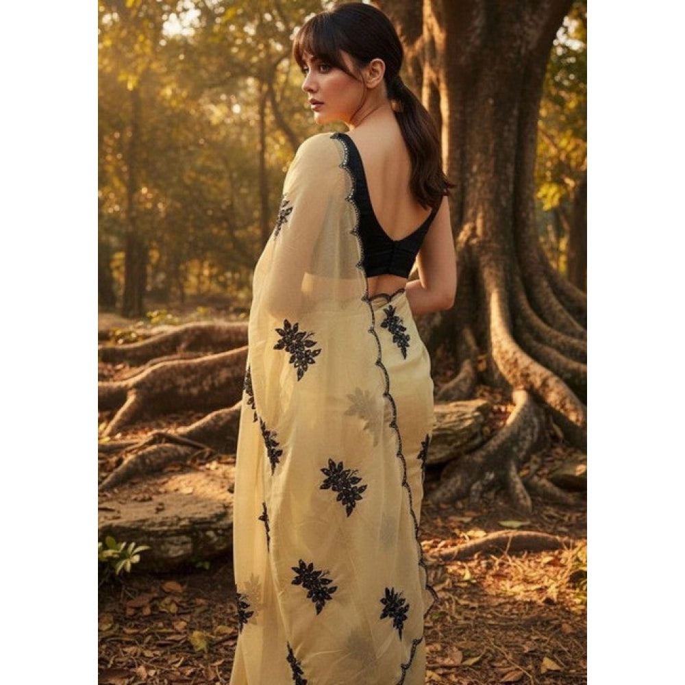 Snuggle Spot Women's Viscose Silk Embroidered Saree With Unstitched Blouse 5.5Mtr (Beige)