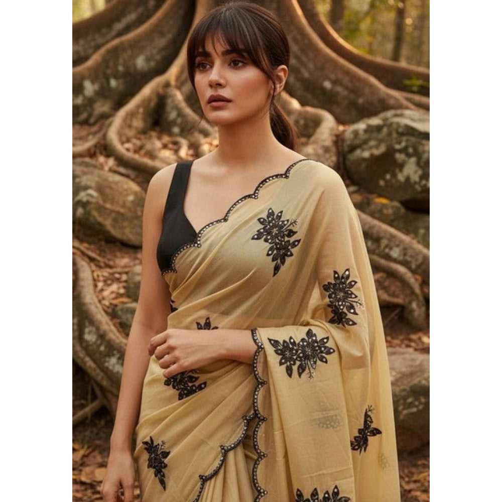 Snuggle Spot Women's Viscose Silk Embroidered Saree With Unstitched Blouse 5.5Mtr (Beige)
