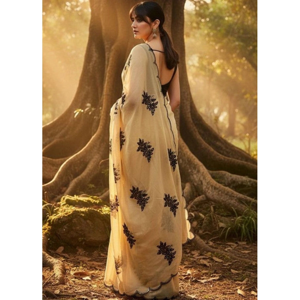 Snuggle Spot Women's Viscose Silk Embroidered Saree With Unstitched Blouse 5.5Mtr (Beige)