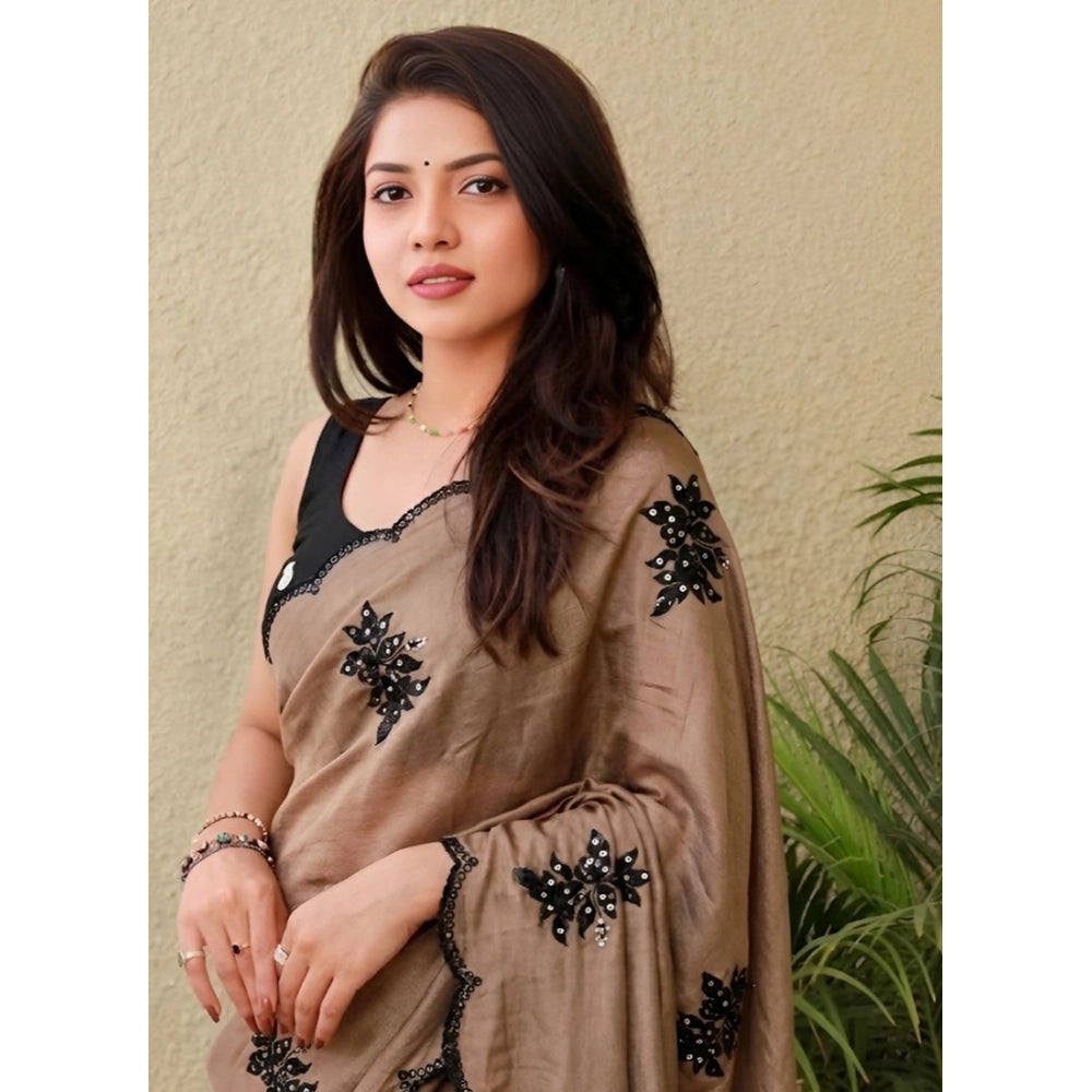 Snuggle Spot Women's Viscose Silk Embroidered Saree With Unstitched Blouse 5.5Mtr (Brown)
