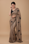Snuggle Spot Women's Viscose Silk Embroidered Saree With Unstitched Blouse 5.5Mtr (Brown)