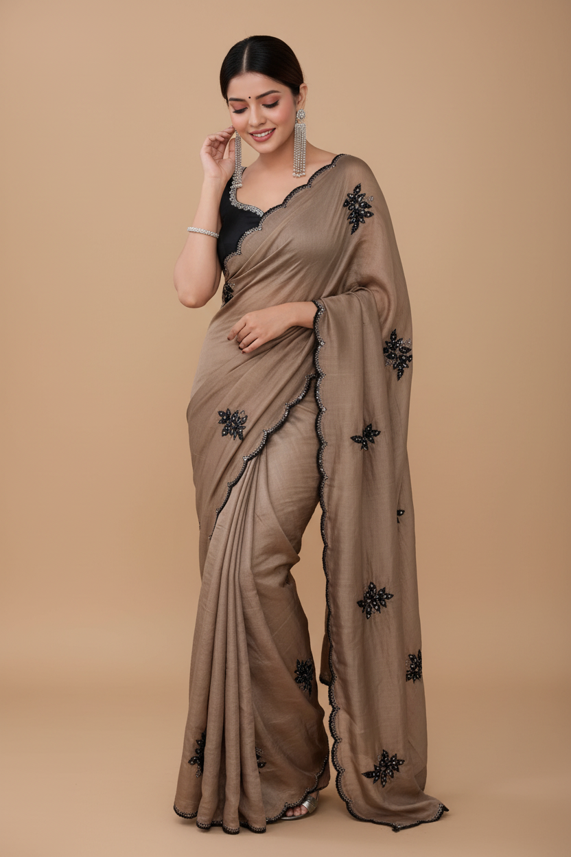 Snuggle Spot Women's Viscose Silk Embroidered Saree With Unstitched Blouse 5.5Mtr (Brown)