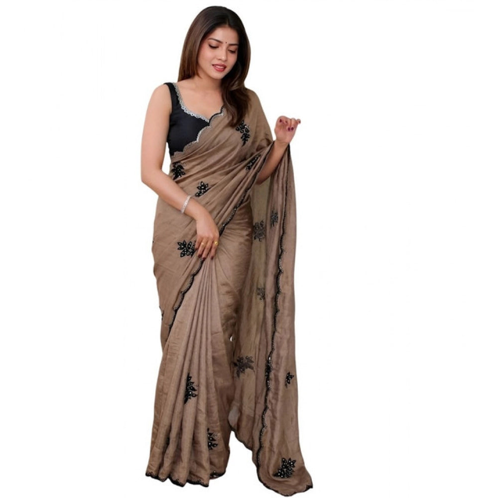 Snuggle Spot Women's Viscose Silk Embroidered Saree With Unstitched Blouse 5.5Mtr (Brown)
