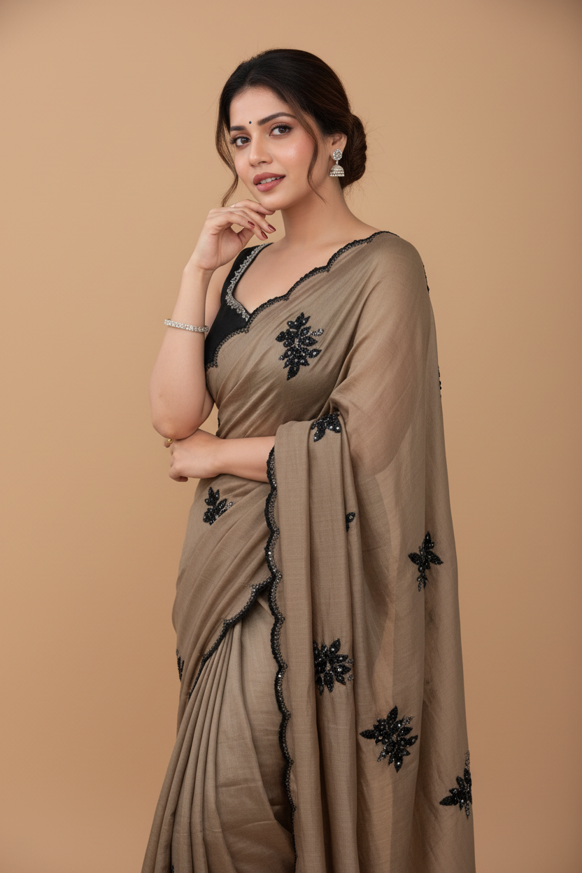 Snuggle Spot Women's Viscose Silk Embroidered Saree With Unstitched Blouse 5.5Mtr (Brown)