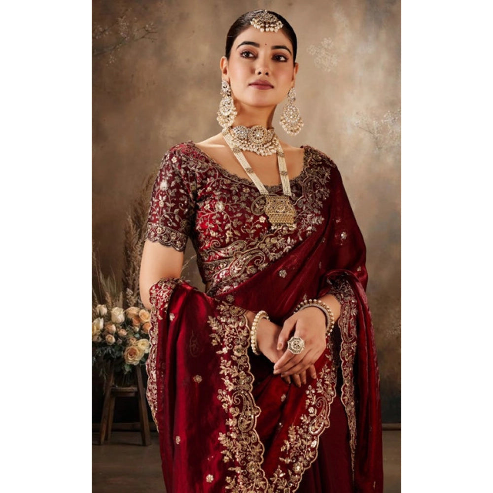 Snuggle Spot Women's Silk Embroidered Saree With Unstitched Blouse 5.5Mtr (Maroon)