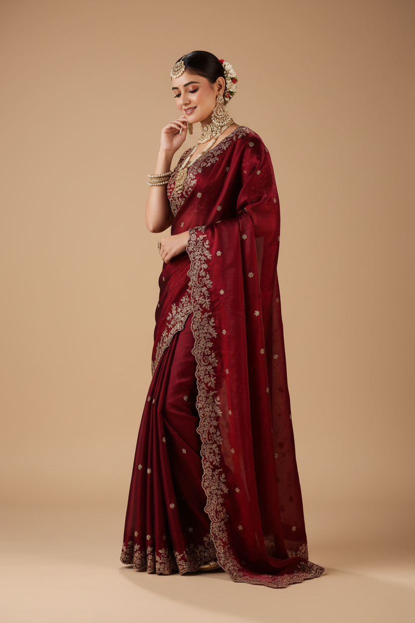 Snuggle Spot Women's Silk Embroidered Saree With Unstitched Blouse 5.5Mtr (Maroon)