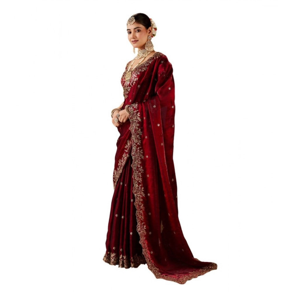 Snuggle Spot Women's Silk Embroidered Saree With Unstitched Blouse 5.5Mtr (Maroon)