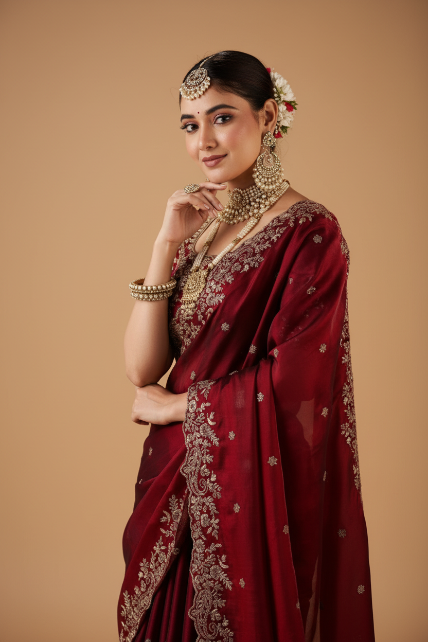 Snuggle Spot Women's Silk Embroidered Saree With Unstitched Blouse 5.5Mtr (Maroon)
