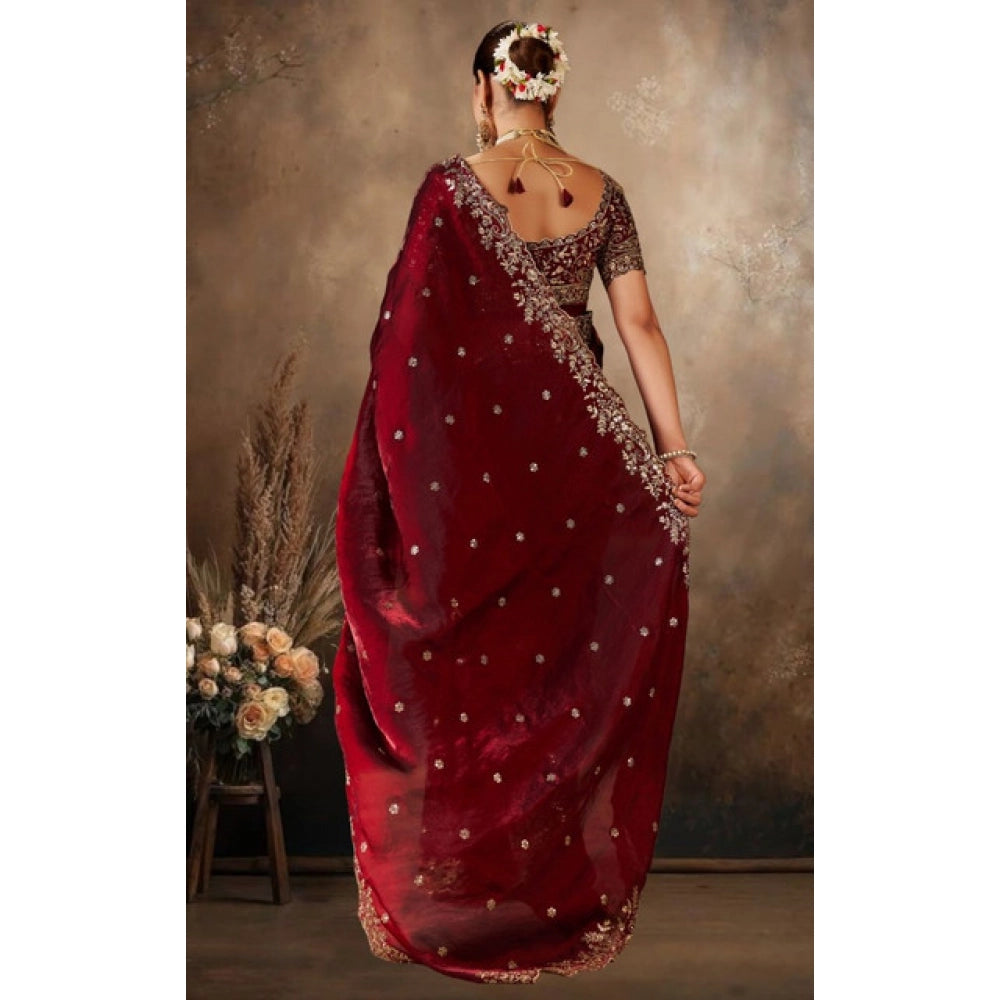 Snuggle Spot Women's Silk Embroidered Saree With Unstitched Blouse 5.5Mtr (Maroon)