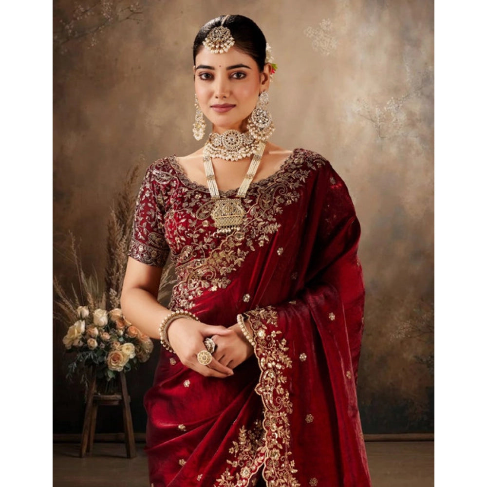 Snuggle Spot Women's Silk Embroidered Saree With Unstitched Blouse 5.5Mtr (Maroon)