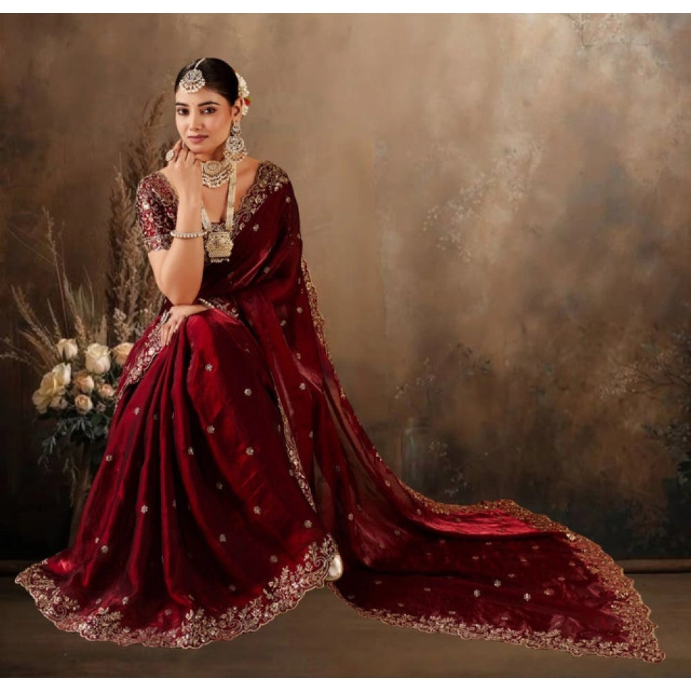 Snuggle Spot Women's Silk Embroidered Saree With Unstitched Blouse 5.5Mtr (Maroon)