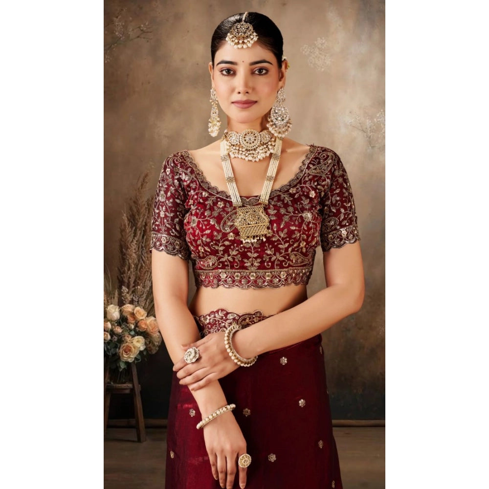 Snuggle Spot Women's Silk Embroidered Saree With Unstitched Blouse 5.5Mtr (Maroon)