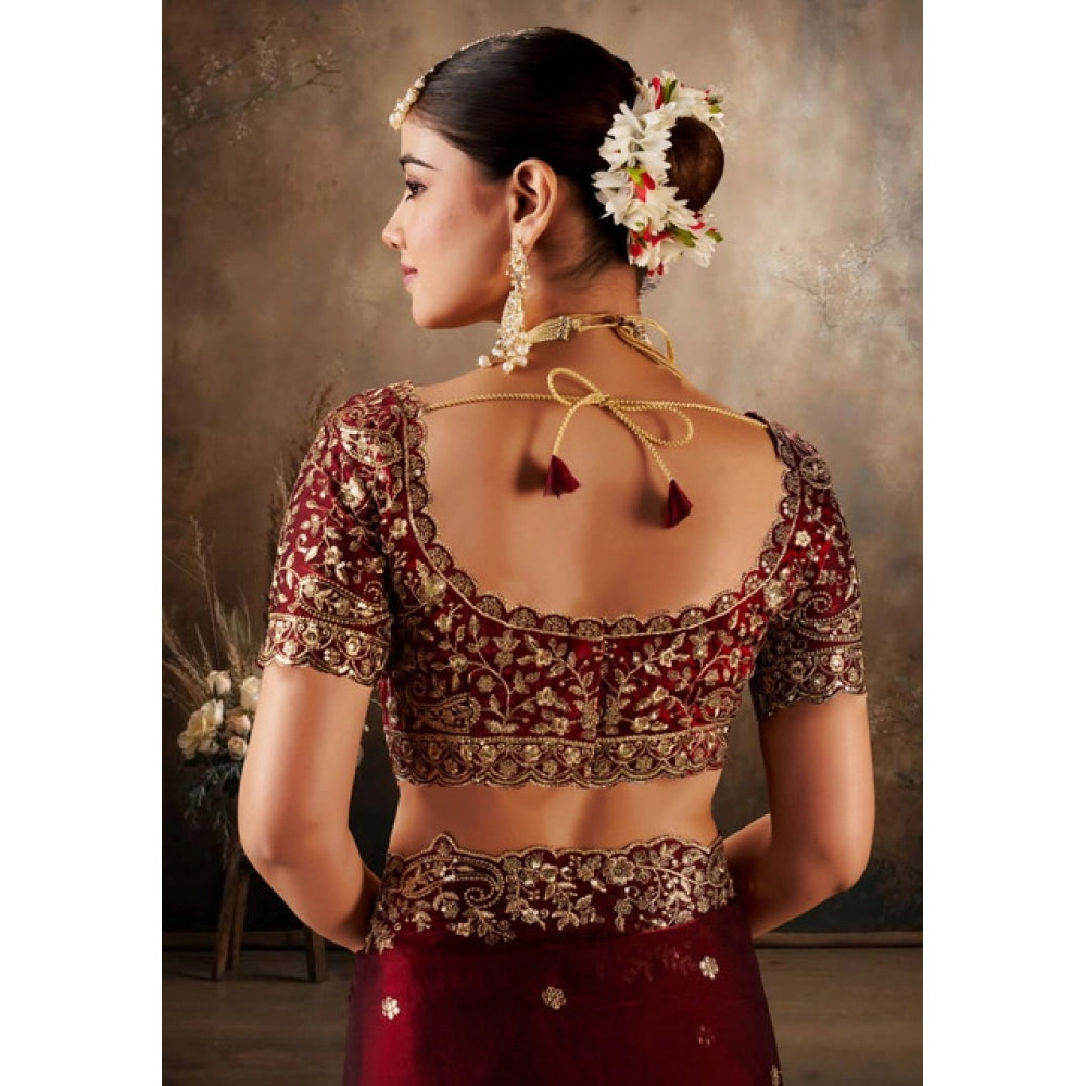 Snuggle Spot Women's Silk Embroidered Saree With Unstitched Blouse 5.5Mtr (Maroon)
