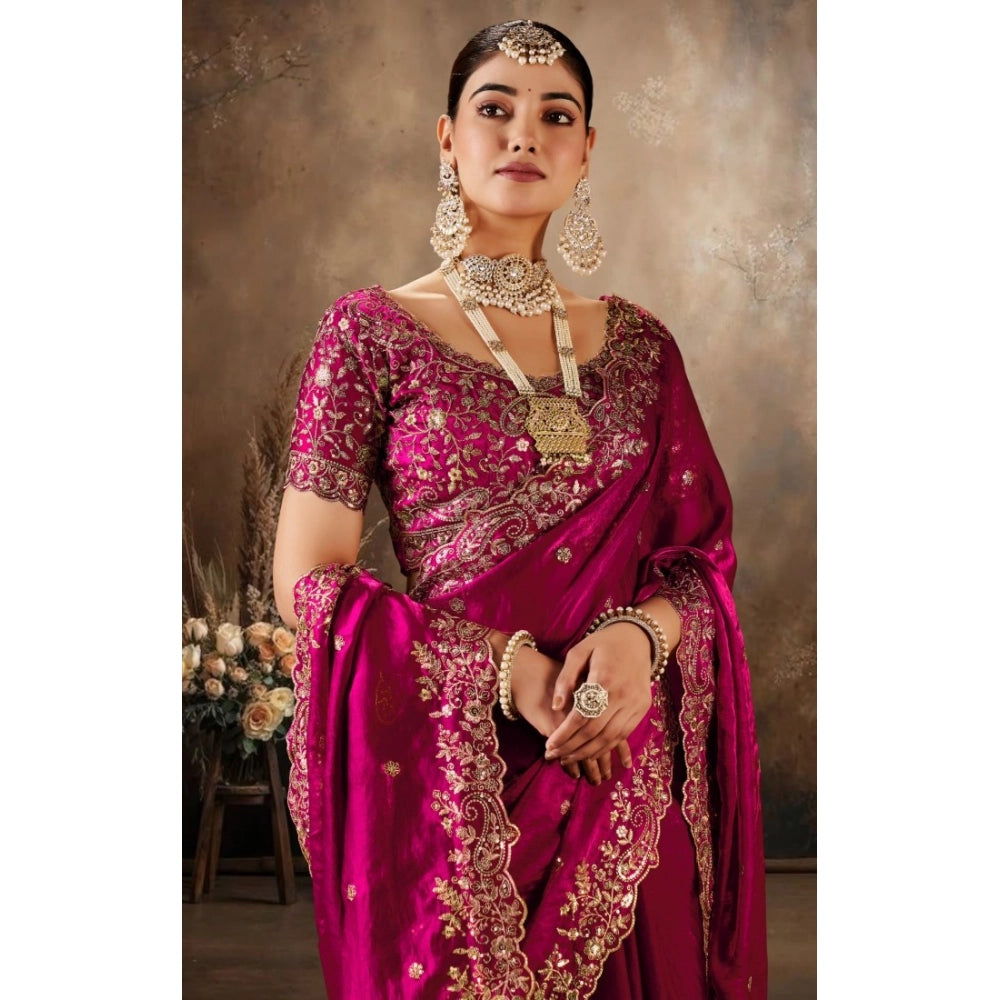 Snuggle Spot Women's Silk Embroidered Saree With Unstitched Blouse 5.5Mtr (Pink)