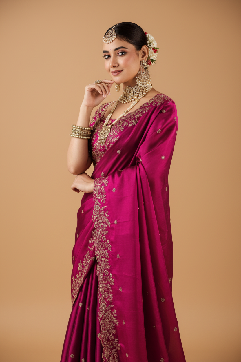 Snuggle Spot Women's Silk Embroidered Saree With Unstitched Blouse 5.5Mtr (Pink)