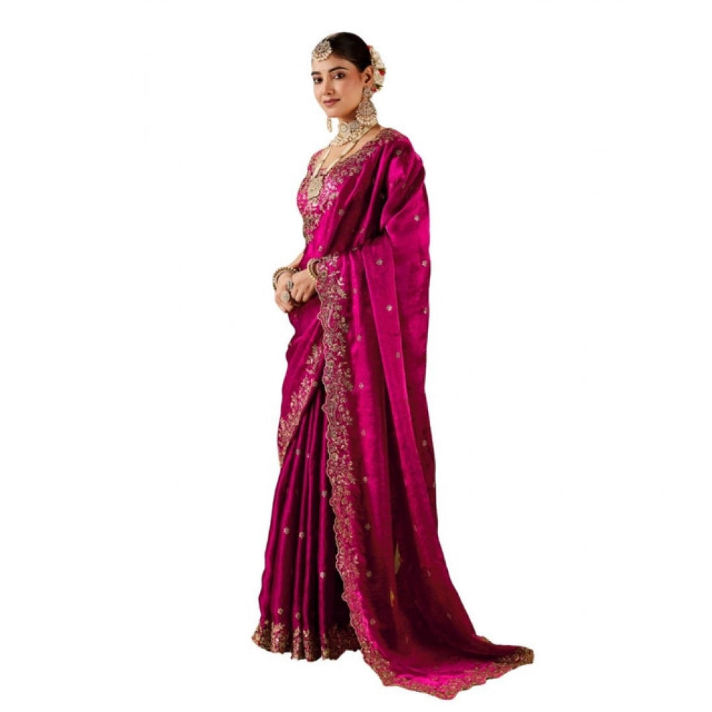 Snuggle Spot Women's Silk Embroidered Saree With Unstitched Blouse 5.5Mtr (Pink)
