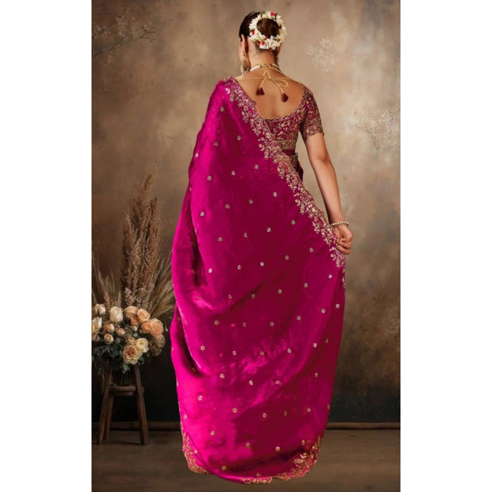 Snuggle Spot Women's Silk Embroidered Saree With Unstitched Blouse 5.5Mtr (Pink)
