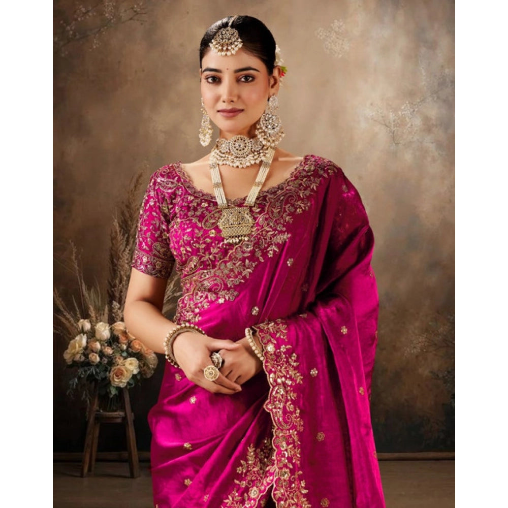 Snuggle Spot Women's Silk Embroidered Saree With Unstitched Blouse 5.5Mtr (Pink)