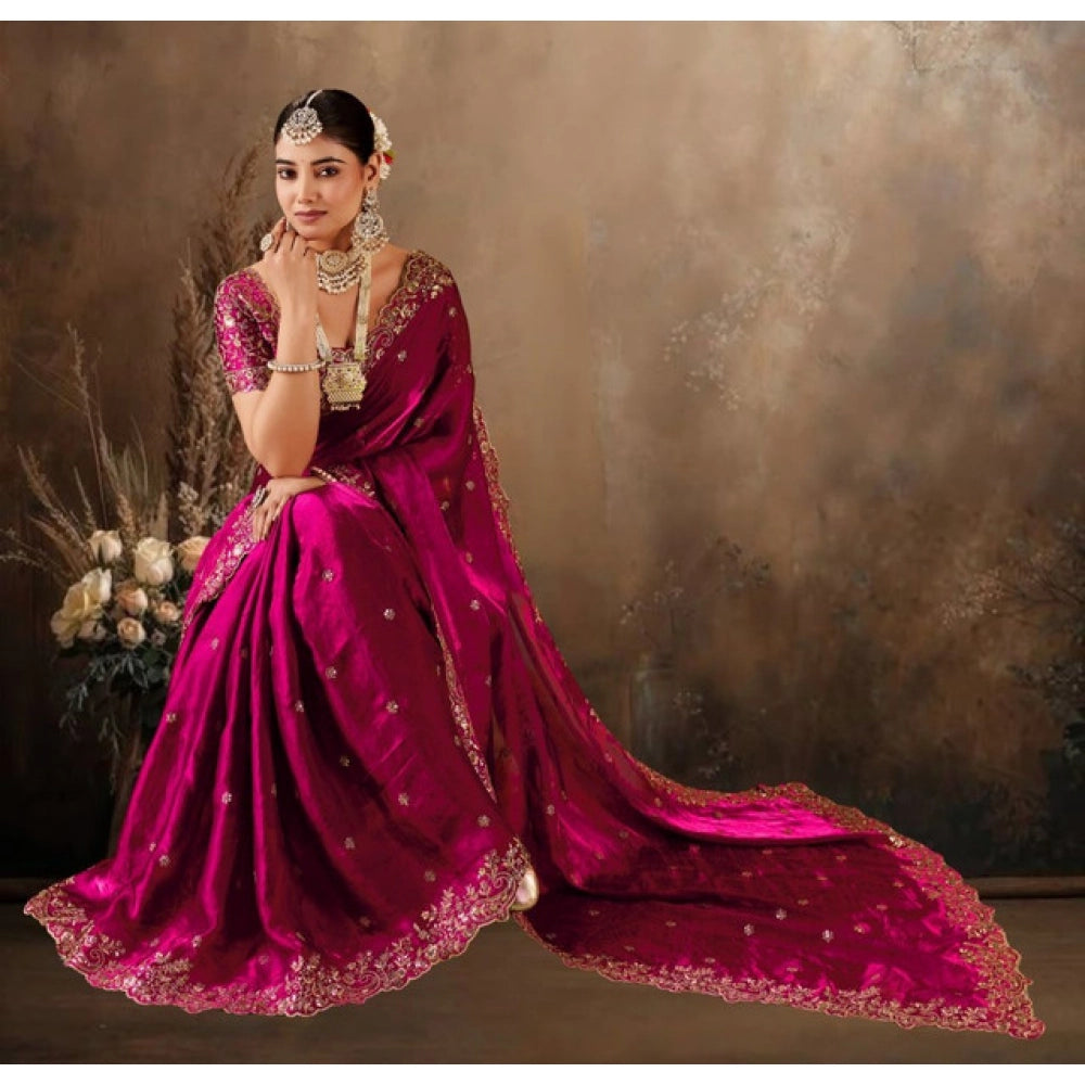 Snuggle Spot Women's Silk Embroidered Saree With Unstitched Blouse 5.5Mtr (Pink)