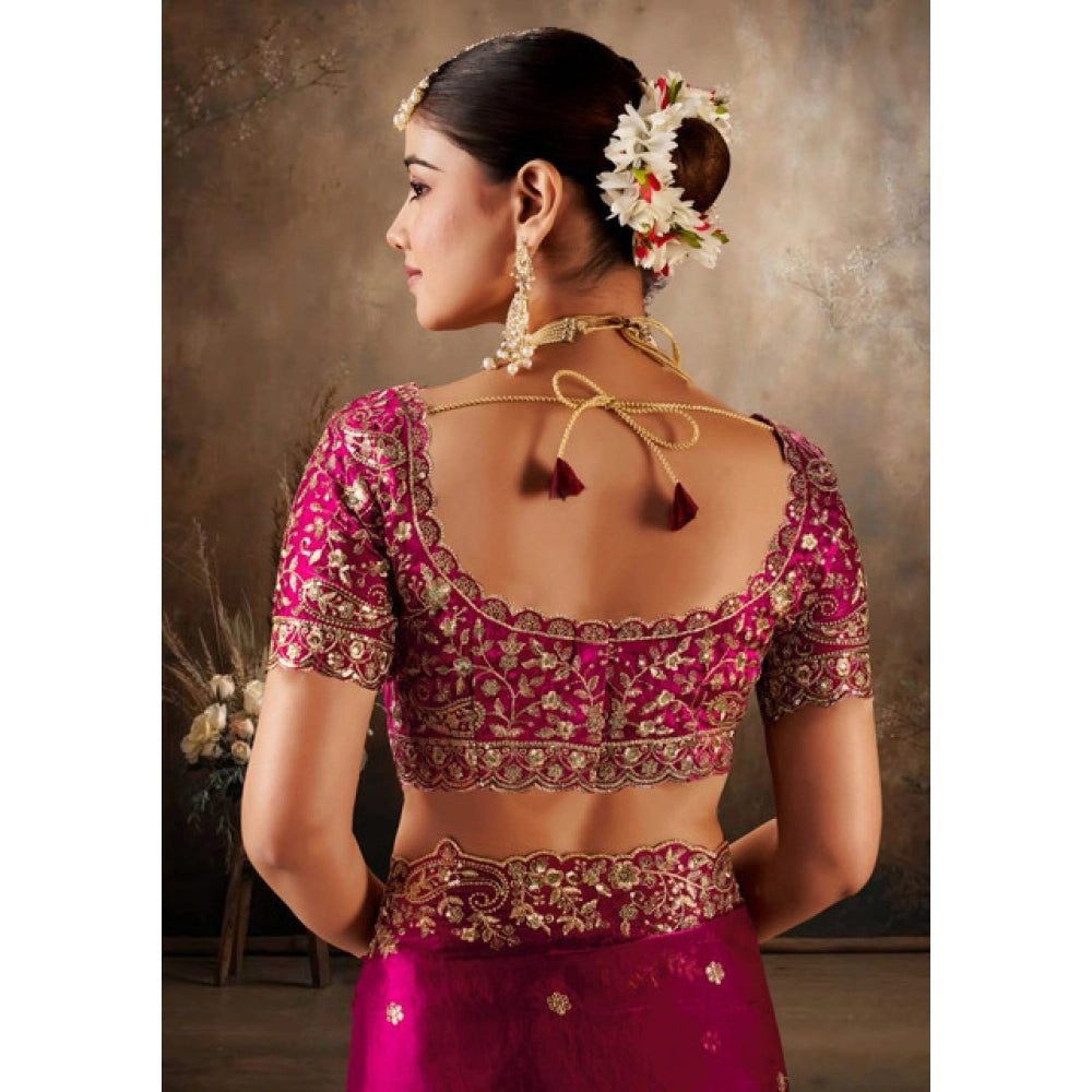 Snuggle Spot Women's Silk Embroidered Saree With Unstitched Blouse 5.5Mtr (Pink)