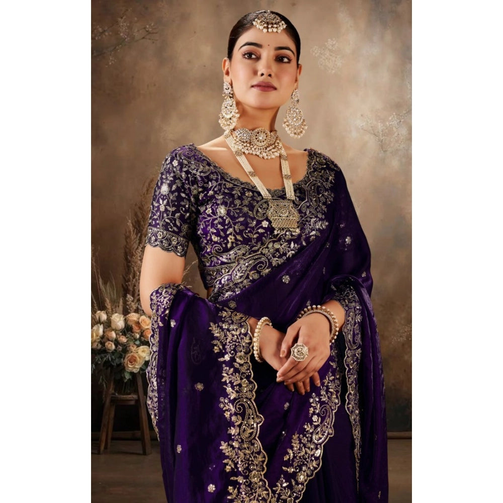 Snuggle Spot Women's Silk Embroidered Saree With Unstitched Blouse 5.5Mtr (Purple)