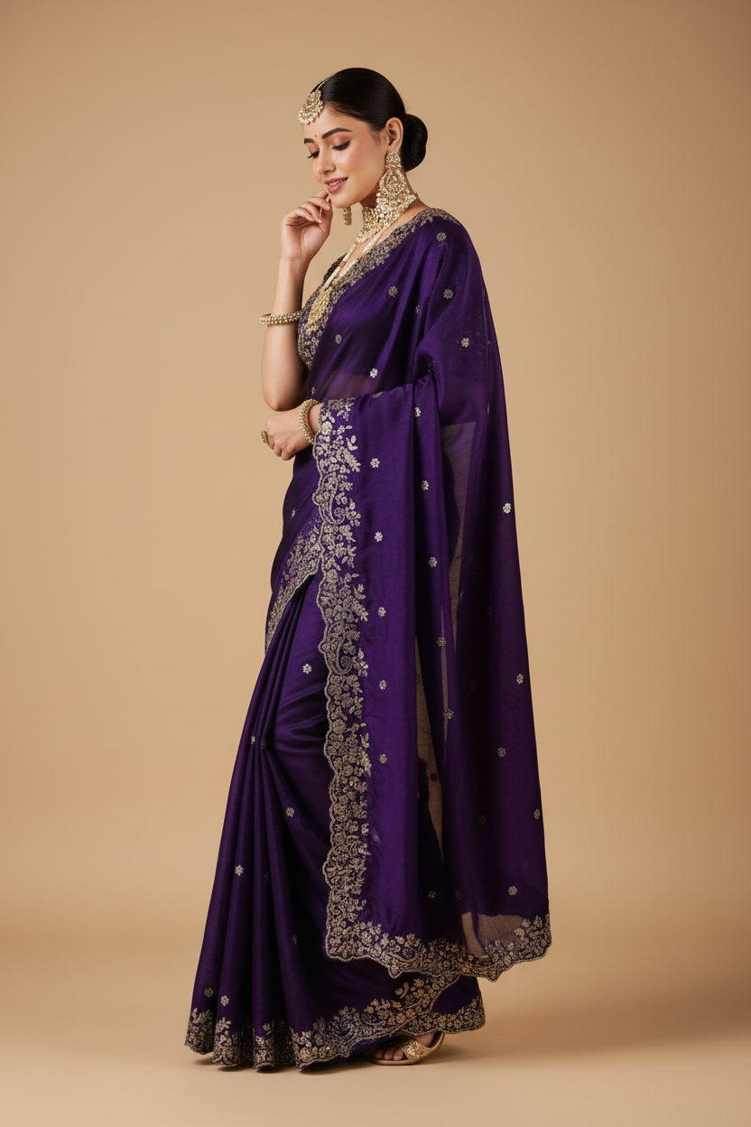 Snuggle Spot Women's Silk Embroidered Saree With Unstitched Blouse 5.5Mtr (Purple)