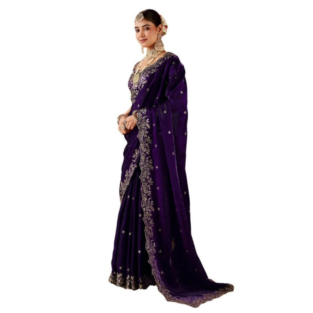 Snuggle Spot Women's Silk Embroidered Saree With Unstitched Blouse 5.5Mtr (Purple)