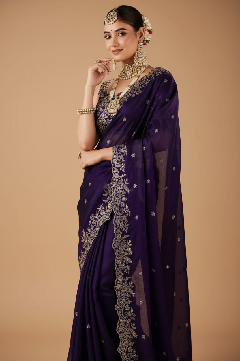 Snuggle Spot Women's Silk Embroidered Saree With Unstitched Blouse 5.5Mtr (Purple)