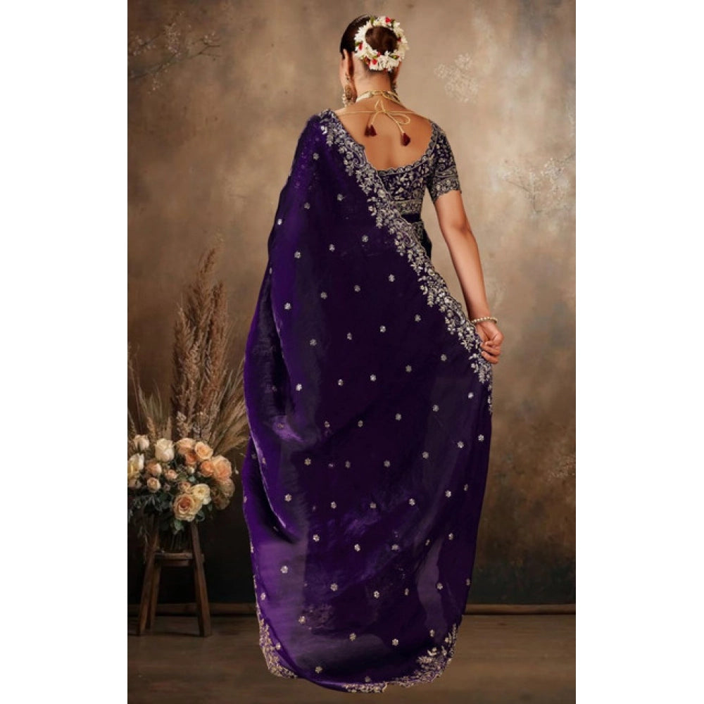 Snuggle Spot Women's Silk Embroidered Saree With Unstitched Blouse 5.5Mtr (Purple)