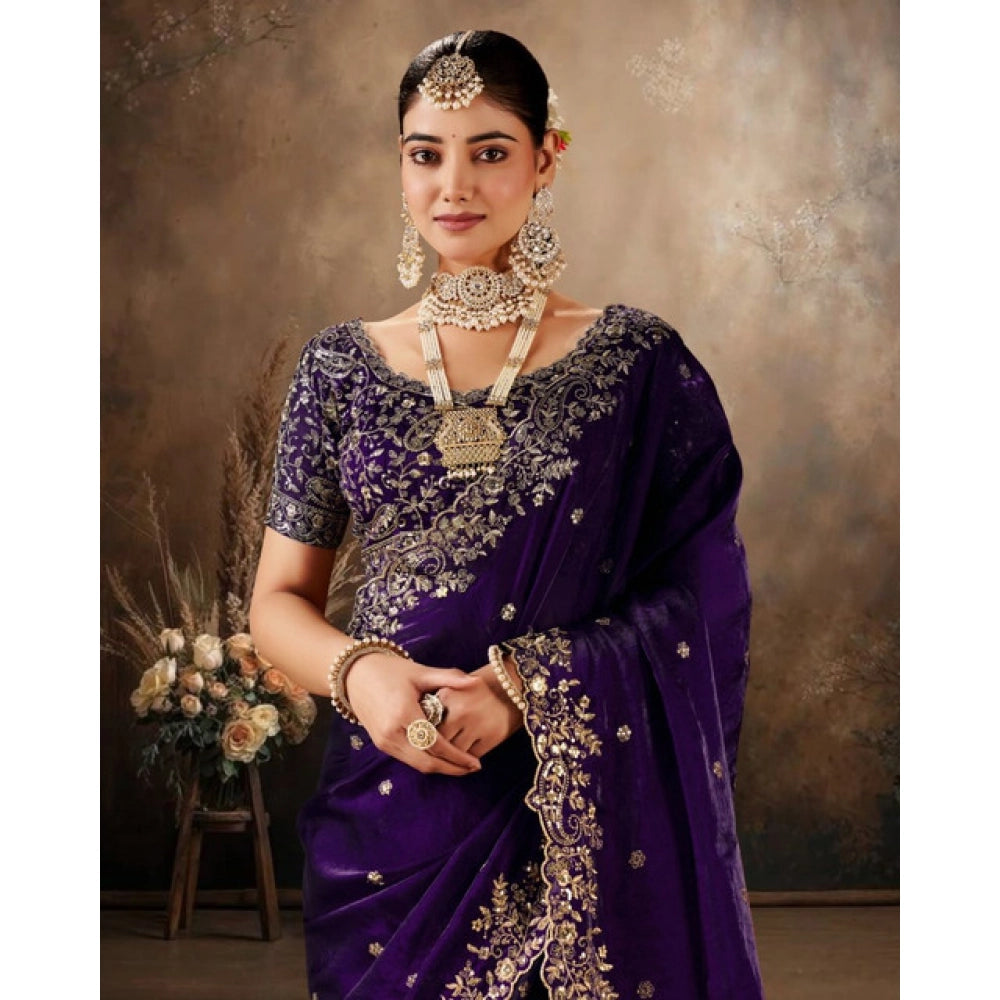 Snuggle Spot Women's Silk Embroidered Saree With Unstitched Blouse 5.5Mtr (Purple)
