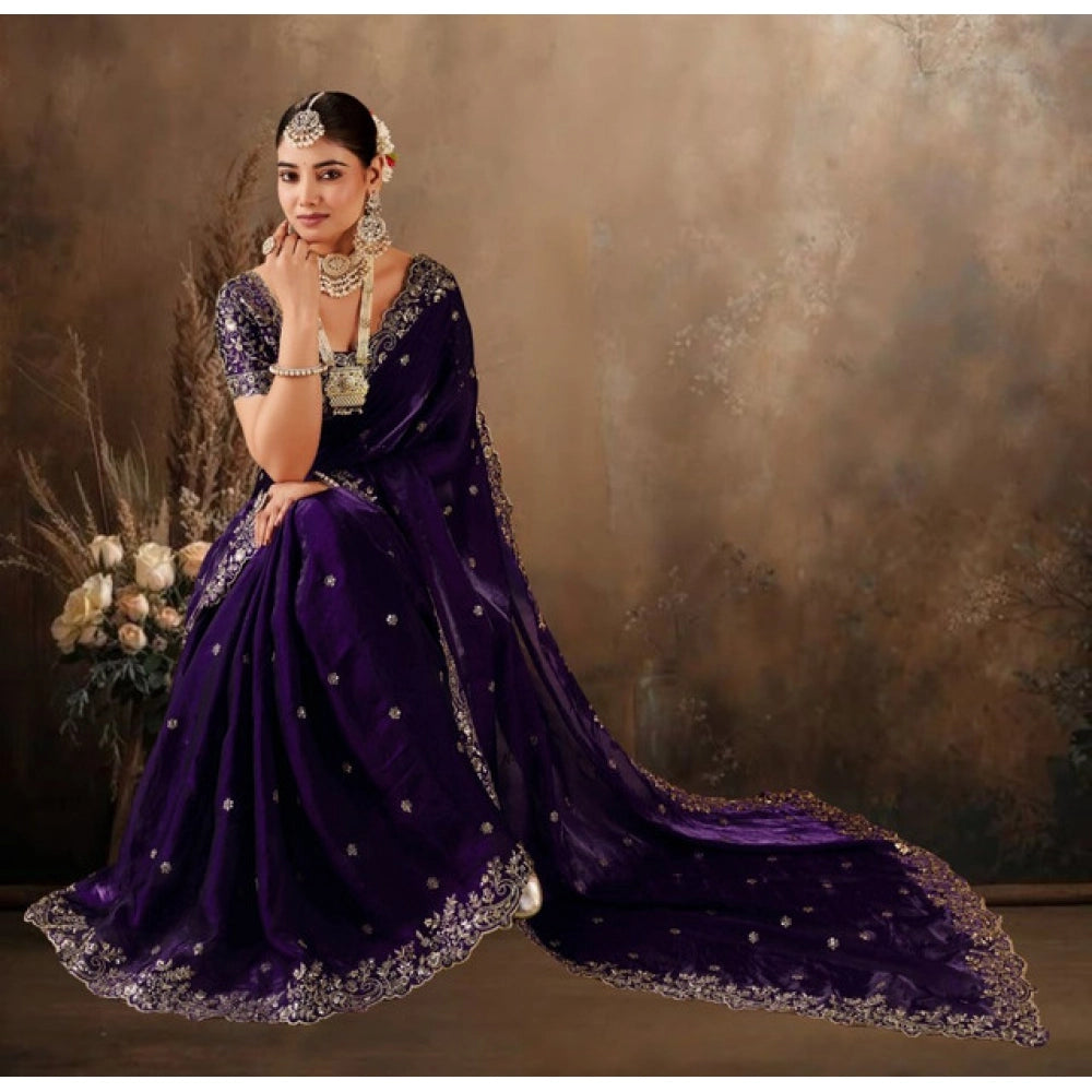 Snuggle Spot Women's Silk Embroidered Saree With Unstitched Blouse 5.5Mtr (Purple)