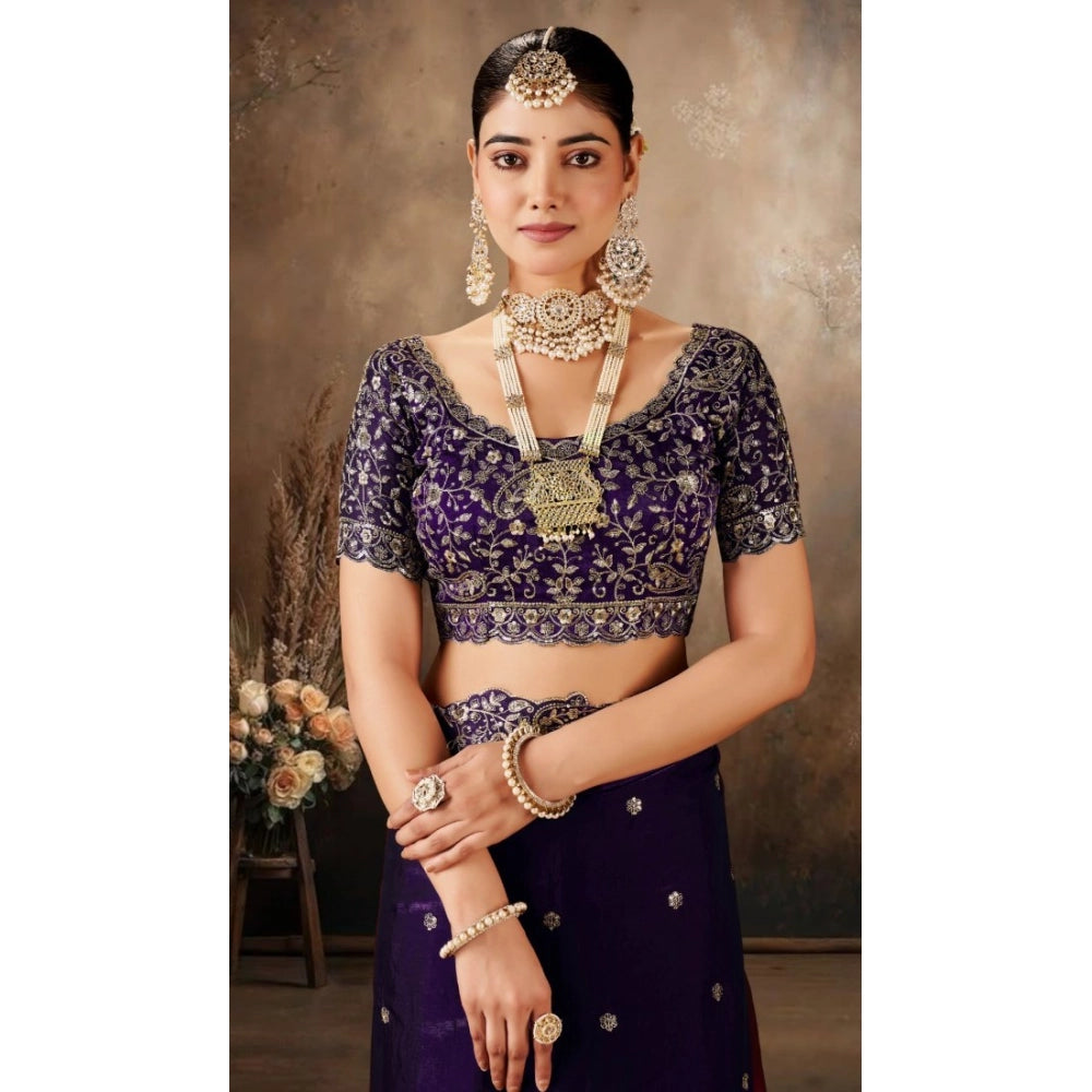 Snuggle Spot Women's Silk Embroidered Saree With Unstitched Blouse 5.5Mtr (Purple)