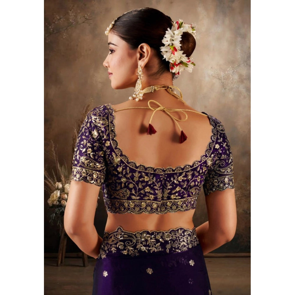 Snuggle Spot Women's Silk Embroidered Saree With Unstitched Blouse 5.5Mtr (Purple)