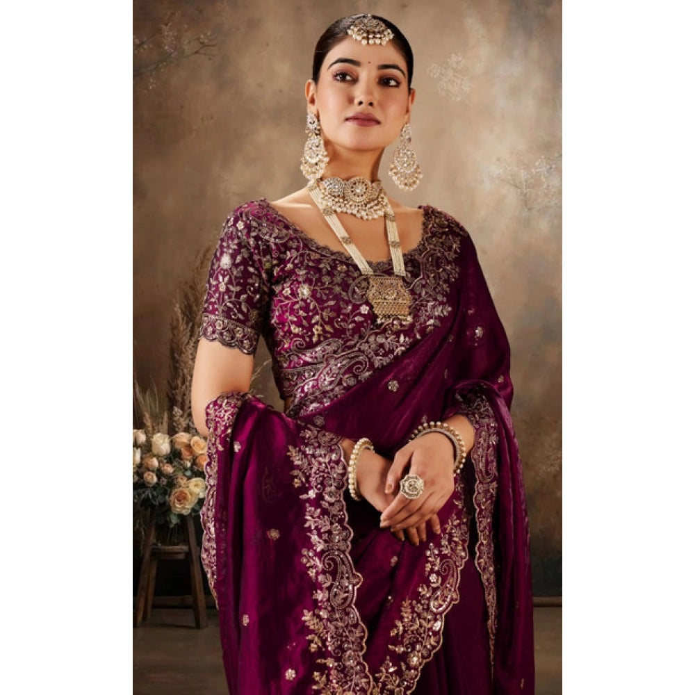 Snuggle Spot Women's Silk Embroidered Saree With Unstitched Blouse 5.5Mtr (Wine)