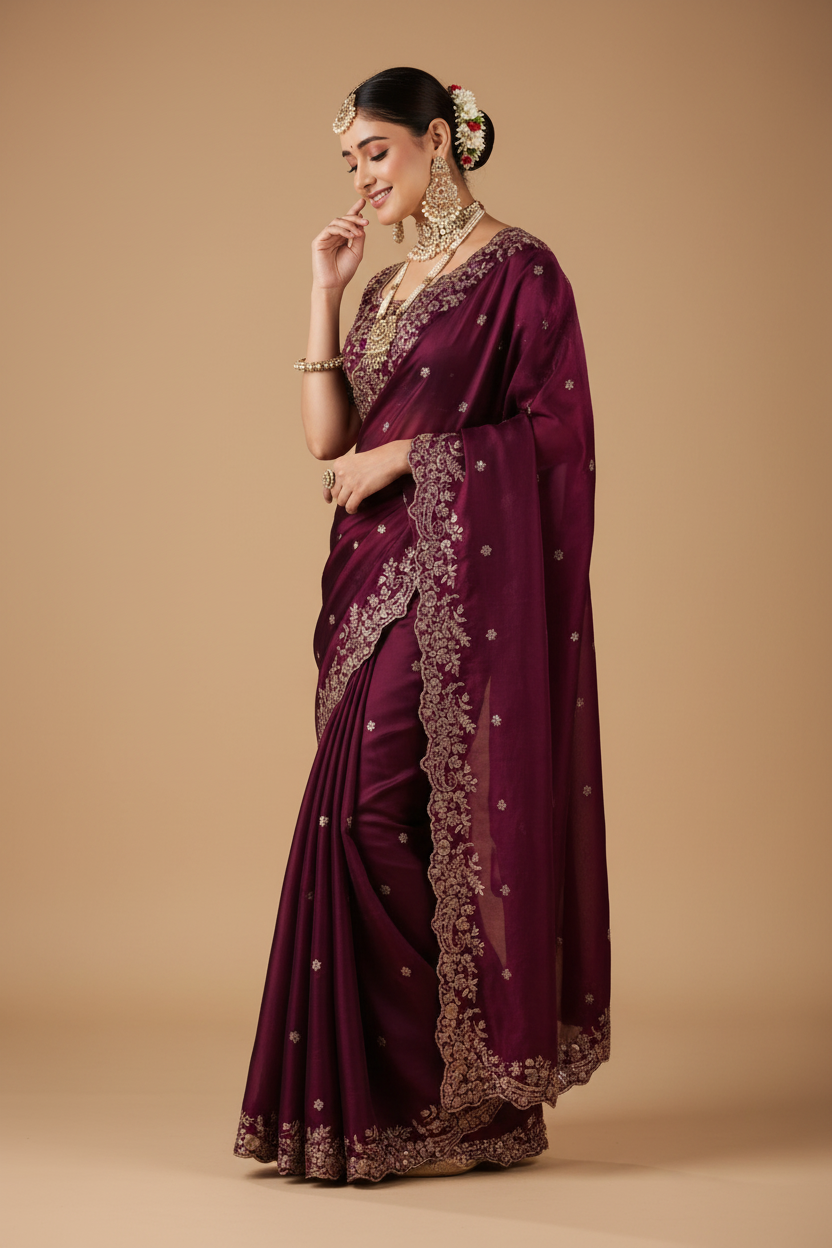Snuggle Spot Women's Silk Embroidered Saree With Unstitched Blouse 5.5Mtr (Wine)
