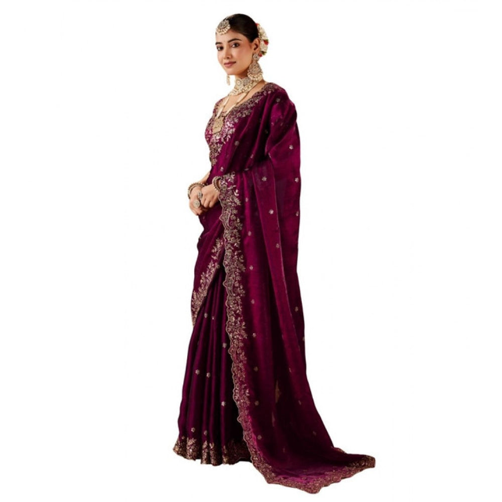 Snuggle Spot Women's Silk Embroidered Saree With Unstitched Blouse 5.5Mtr (Wine)